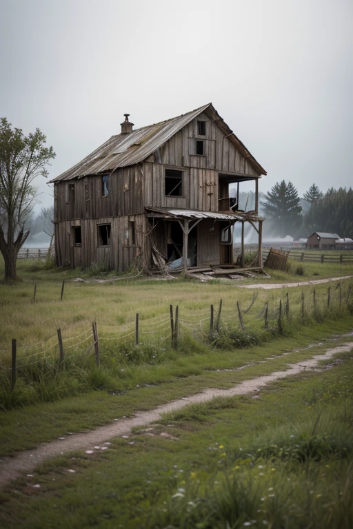 An abandoned and macabre farmhouse in a rural area in the year 1990. The main house is in ruins, with broken windows and loose boards. The paint is peeling, revealing old, rotting wood. In the backyard, rusty tools and an old overturned wagon add to the feeling of desolation. Fields that were once green are now dry and brown, with weathered scarecrows. The vegetation is dense and wild, engulfing barbed wire fences. The sky is overcast, and a low-lying mist covers the land, adding an air of mystery and imminent danger. In the distance, a decrepit barn with half-open doors seems to hide dark secrets. Crows perched on the dead tree branches and barn roof watch silently as the wind blows, carrying a distant wail.