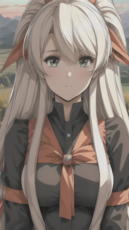 Outdoor,sunset, twilight,, Castle,red_sky,sunlight, sunrise, backlighting,cloud, cloudy_sky,mountainous_horizon, orange_sky,
Standing at attention,(Close-Up),
black shirt,red_bow, ribbon, scarf,long_sleeves, 
blonde hair,green_eyes,long_hair,hair_ribbon,hair_between_eyes,bangs,
1 girl, 20yo,mature female,Beautiful Finger,Beautiful long legs,Beautiful body,Beautiful Nose,Beautiful character design, perfect eyes, perfect face,
looking at viewer, 
NSFW,official art,extremely detailed CG unity 8k wallpaper, perfect lighting,Colorful, Bright_Front_face_Lighting,
(masterpiece:1.0),(best_quality:1.0), ultra high res,4K,ultra-detailed,
photography, 8K, HDR, highres, absurdres:1.2, Kodak portra 400, film grain, blurry background, bokeh:1.2, lens flare, (vibrant_color:1.2)
(Beautiful,large_Breasts:1.4), (beautiful_face:1.5),(narrow_waist),