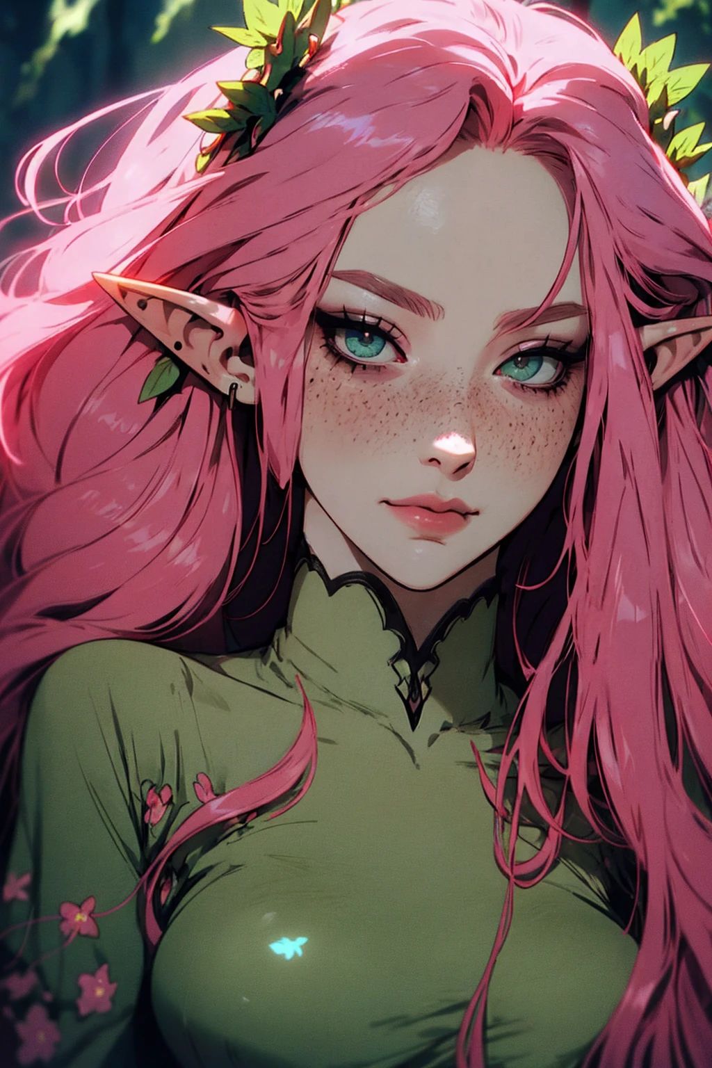 hyper-realistic of a mysterious woman with flowing pink hair, ears of elf, freckles, piercing green eyes, and a delicate floral crown, delicate smile, upper body, dinamic poses