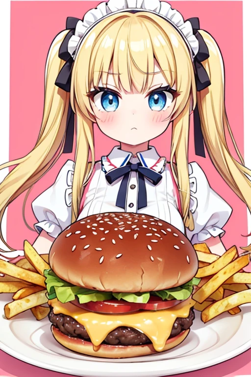 Eat a huge burger,Hamburger and fries set,Cola,Highest quality,Blonde with blue eyes、Lolita、Small breasts、Twin tails、girl'enjoy,smile,bonnet,Pleased as punch grin,