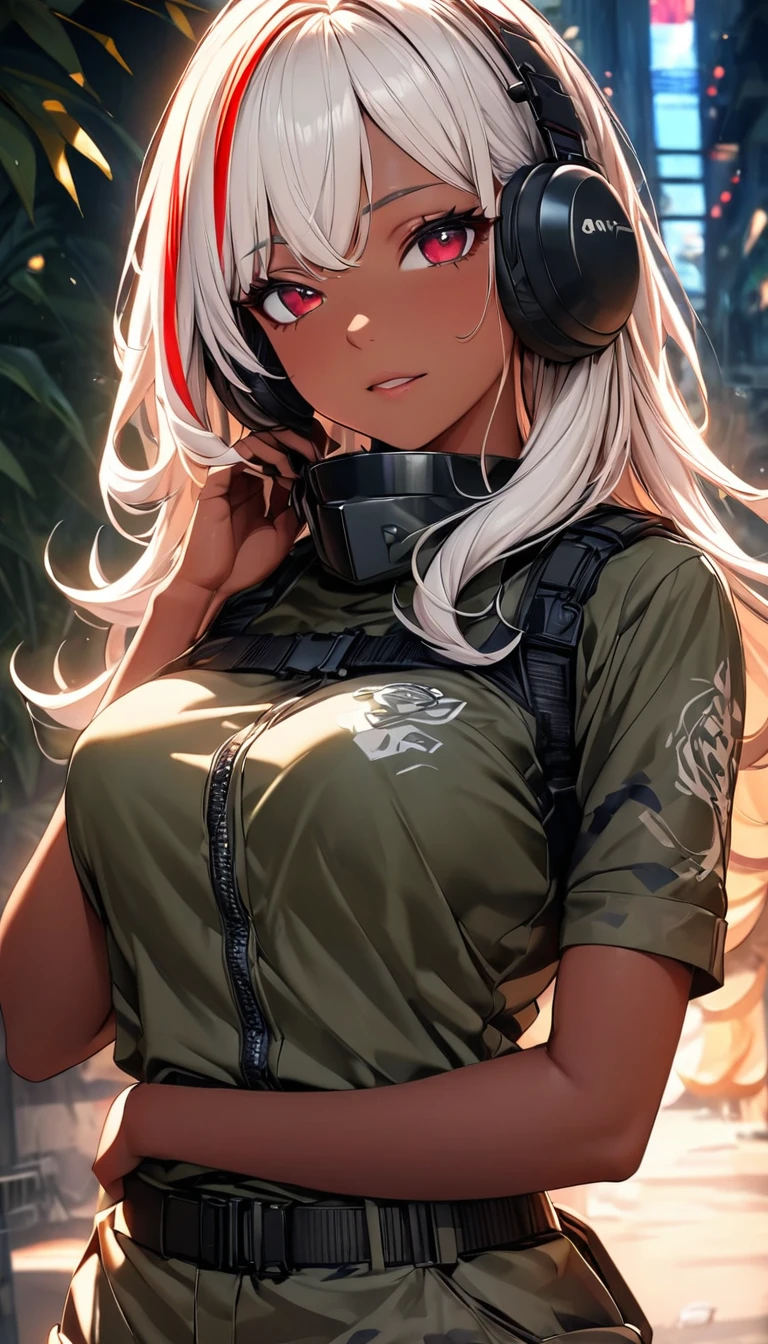 (highest quality:1.2, Very detailed, up to date, Vibrant, Ultra-high resolution, High Contrast, masterpiece:1.2, highest quality, Best aesthetics), Portraiture、girl、singer、Bright colors、Beautiful fine details、Beautiful lip detail、(medium wave hair:1)、(red and white hair:1.5) ((streaked hair:1.7)), highlights hair: 1.5, red eyes, slim body, medium breast, (tan skin:1.1), (Floral Fineline tattoo design on left arm:0.8),Resolute expression, (camouflage short sleeve combat uniform:1.3), camouflage short pants, (aiming with a machine gun:1), kneeling, wear helmet:1 jungle, cowboy shot,