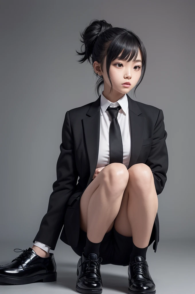 A drawing of a girl with hair tied in two short ponytails on each side and a fringe, dressed in a suit with black shoes, she is in a crazy position, the background is a syberphunk laboratory