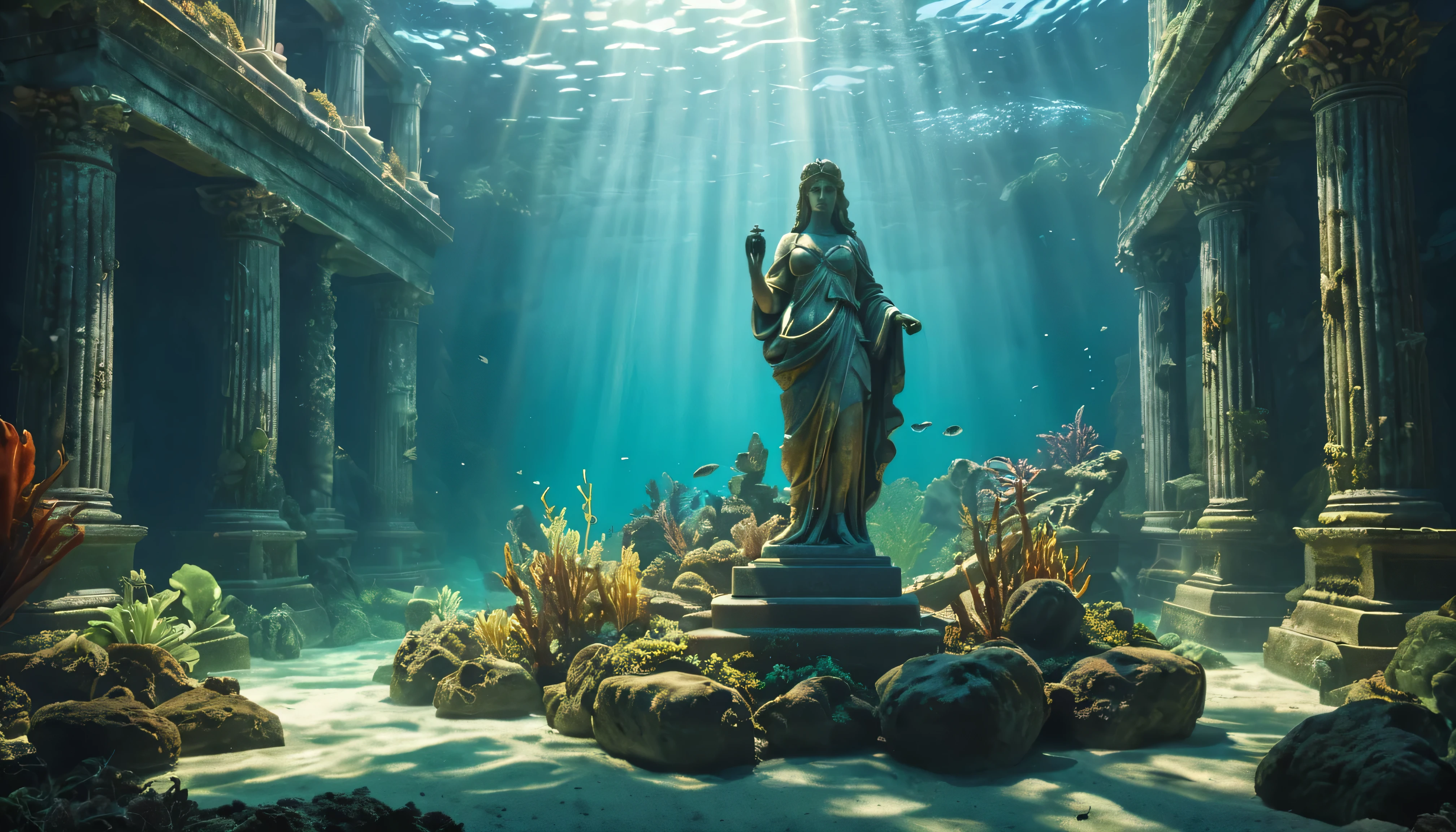 (best quality,highres,masterpiece:1.2),ultra-detailed,(realistic,photorealistic,photo-realistic:1.37),the lost world of atlantis,underwater ruins,ancient ruins,weathered statue,detailed statue,deep dark ocean,underwater vegetation,undiscovered place,otherworldly,terrifying,ominous atmosphere,dramatic lighting,cold color pallet,dark energy emanating,powerful presence,ethereal beauty,herculean strength,captivating,unsettling presence,haunting and mesmerizing,horrifyingly enchanting