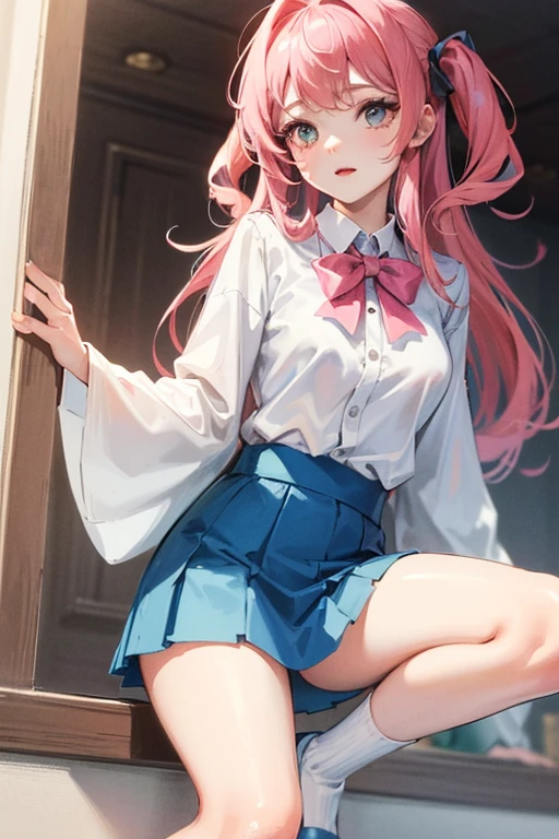 ((best quality)), ((masterpiece)), (detailed), A girl with long pink hair wearing a white blouse, blue mini skirt, and knee high white socks in a seductive pose