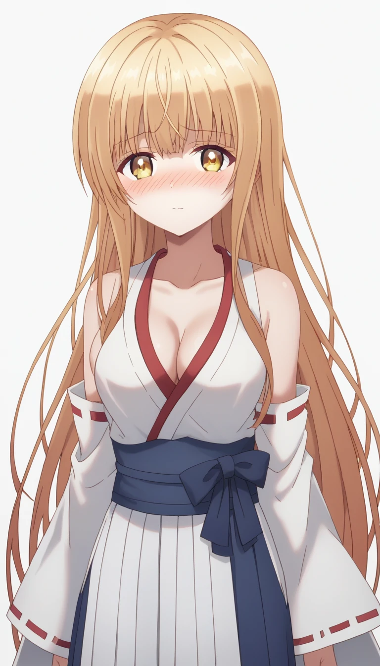 score_9, score_8_up, score_7_up, rating_safe, 1girl, solo, MahiruShiina, otonari no tenshi-sama ni itsu no mani ka dame ningen ni sarete ita ken, shiina mahiru \(otonari no tenshi-sama\), yellow eyes, blonde hair, long hair, straight hair, medium breasts, revealing clothes, miko, nontraditional miko, collarbone, hakama, detached sleeves, white sleeves, hakama skirt, cleavage, standing, breasts, looking at viewer, simple background, white background, blush, nose blush,