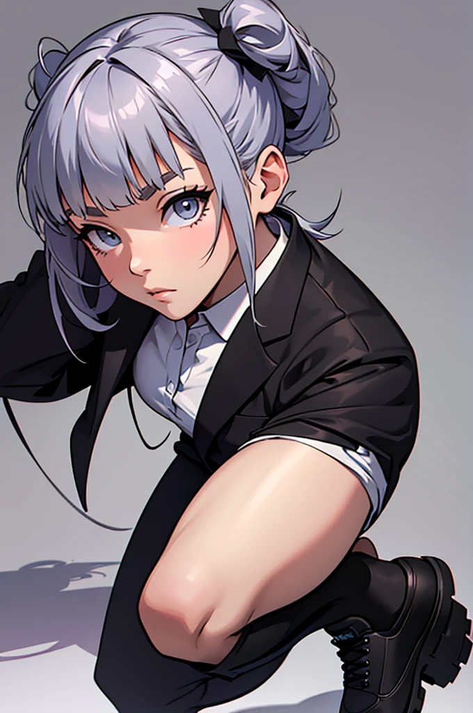 A drawing of a girl with hair tied in two short ponytails on each side and a fringe, dressed in a suit with black shoes, she is in a crazy position, the background is a syberphunk laboratory