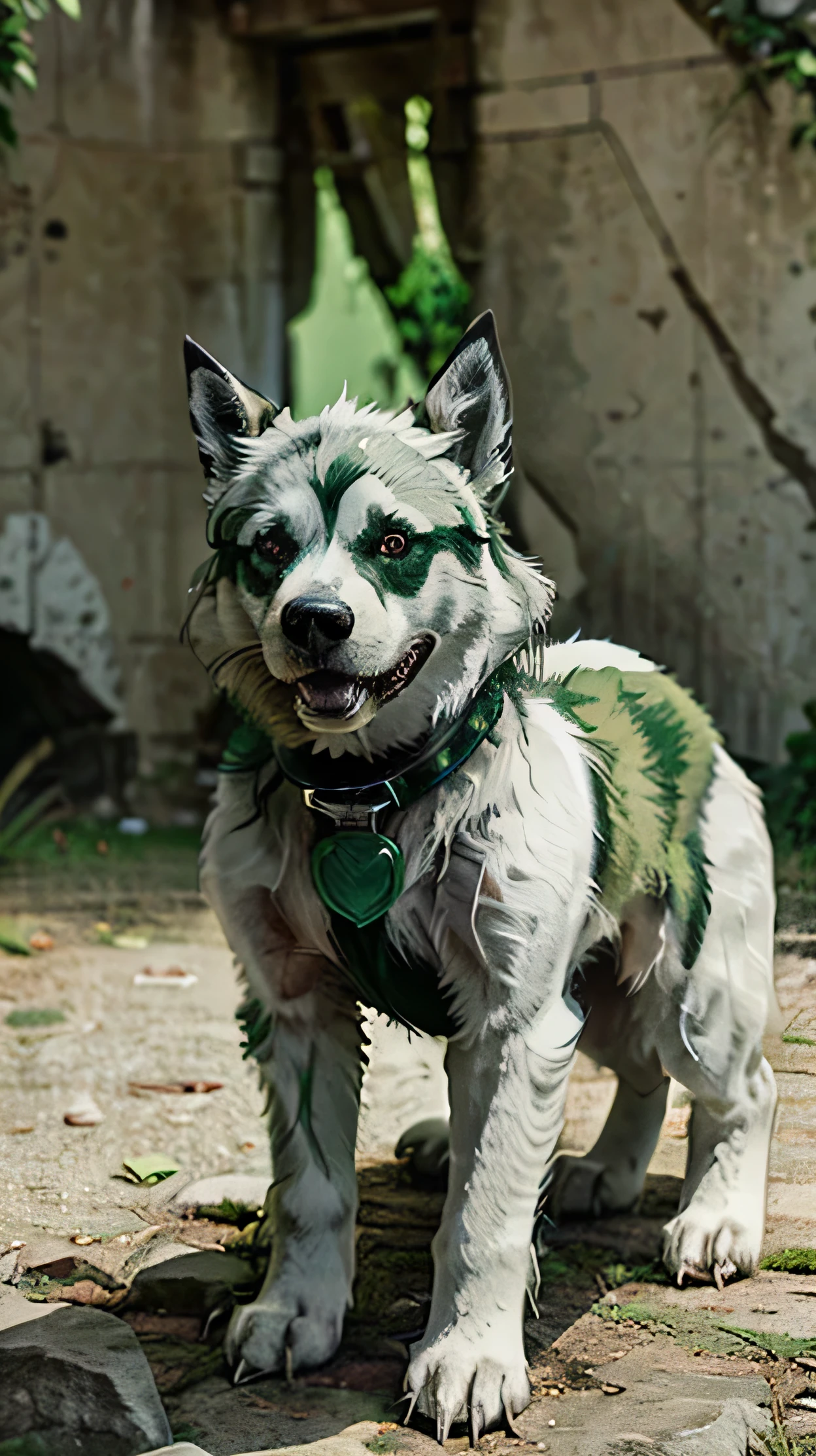 A green furry dog ​​with white markings on its face, and has a white muzzle. His ears are pointed and also green, he wears a black spiked collar, he has large white eyes with small pupils, full body, standing on all fours
