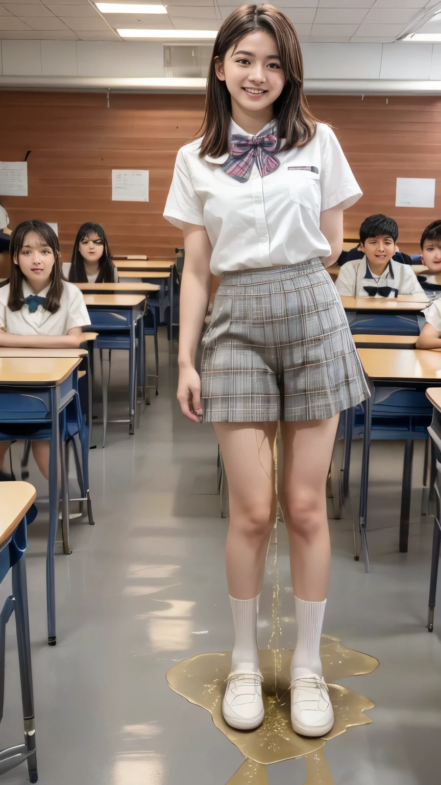 (masterpiece, best quality:1.2), (realistic,photo-realistic:1.4), RAW photo, highres, extremely detailed, intricate details, (full body, from below), solo, an ************ japanese female, large breasts, (fine fabric texture, white shirt, short sleeves, school bowtie, plaid mini-skirt, bare legs, thighs, socks, loafers:1.2),  dark hair, bowl cut hair, detailed eyes, detailed face, sophisticated nose, fine-textured skin, pale skin, smile,  (standing with spread legs wide apart, desperate pose, peeing self, pee stain, urination:1.5), (pee puddle), photo background, indoors, school classroom, (surrounded by students, classmates in background:1.8),