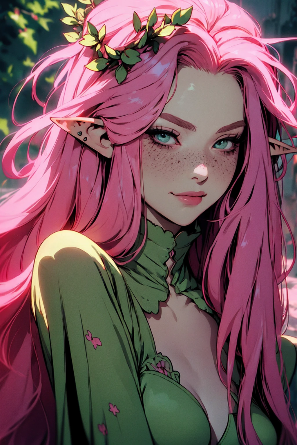 hyper-realistic of a mysterious woman with flowing pink hair, ears of elf, freckles, piercing green eyes, and a delicate floral crown, delicate smile, upper body, dinamic poses