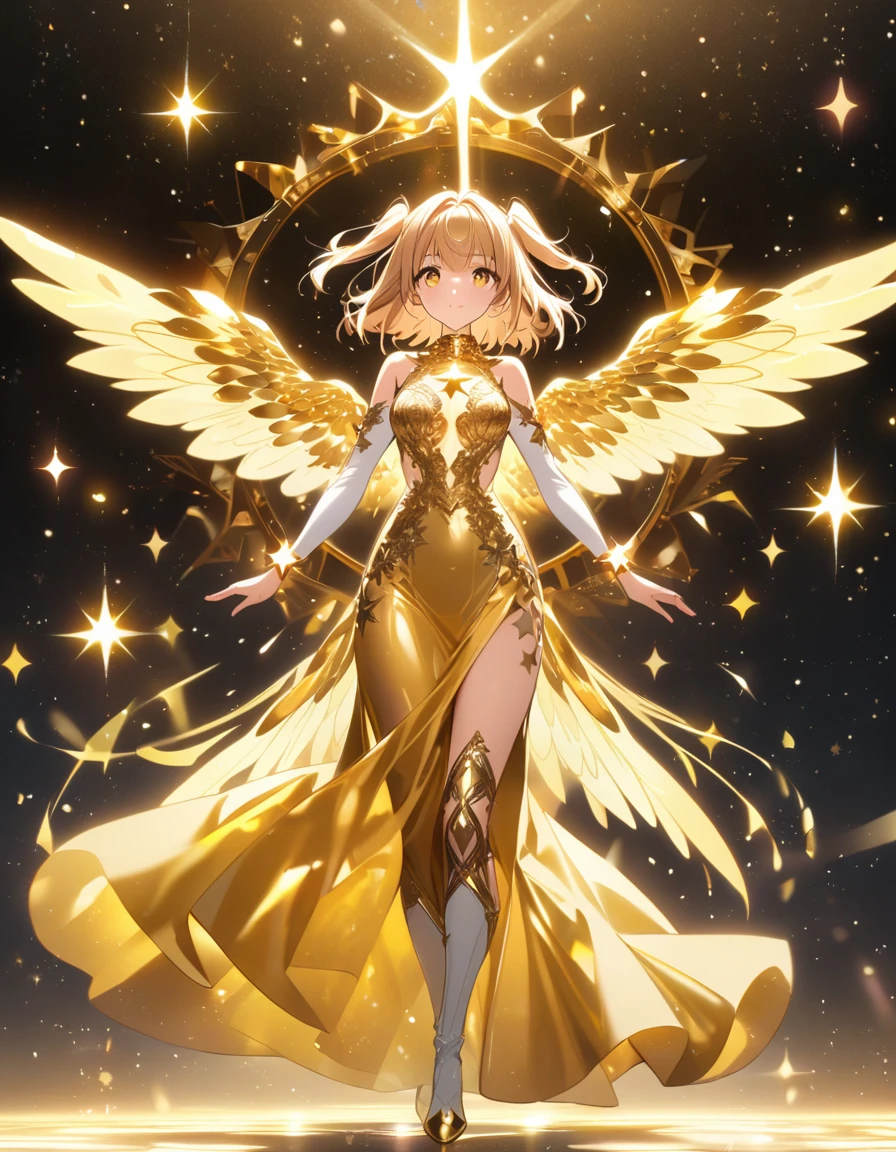 goddess(gold short hair, side-up hair, golden eyes, golden one-piece long dress, white forearm sleeves, white high boots, golden multi wings, star-motif bracelet), shining effect, starlight,