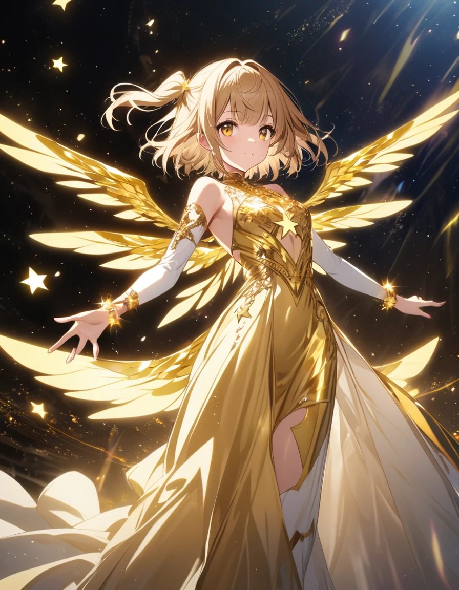 goddess(gold short hair, side-up hair, golden eyes, golden one-piece long dress, white forearm sleeves, white high boots, golden multi wings, star-motif bracelet), shining effect, starlight,