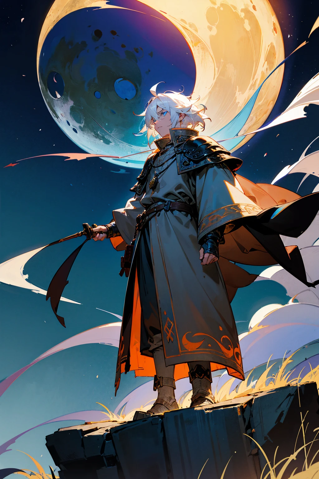 1male, messy white hair, light blue eyes, wearing a tattered brown cloak, leather armor with intricate flame embroidery, standing on a stone path, medieval village background, night sky with a crescent moon, holding a glowing blue amulet, masterpiece, 8k.