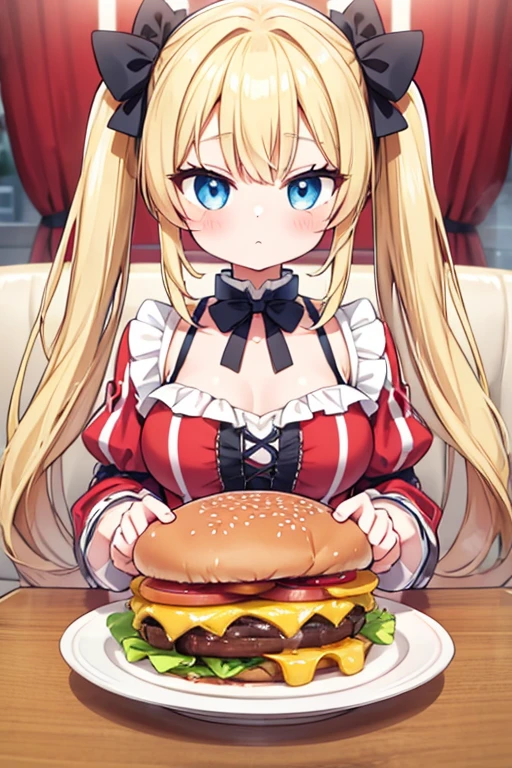 Eat a huge burger,Hamburger and fries set,Cola,Highest quality,Blonde with blue eyes、****ta、Small breasts、Twin tails、girl&#39;enjoy,smile,bonnet,Pleased as punch grin,