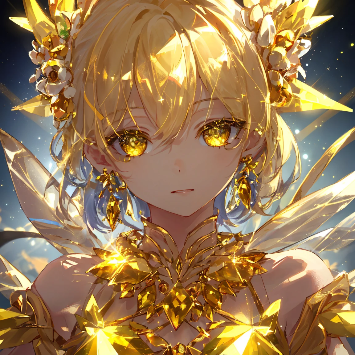 1 girl masterpiece, highest quality, shape, yellow quartz eyes and hair, yellow quartz earrings, yellow quartz necklace, jewelry, metal fairy, cute, (dynamic lighting:1.2), cinematic lighting, delicate features, fine eyes, sharp pupils, realistic student, written boundary depth, Bokeh, sharp focus, (very detailed, bloom, shine:1.4), lots of little gems