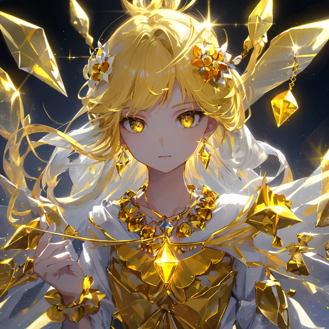 1 girl masterpiece, highest quality, shape, yellow quartz eyes and hair, yellow quartz earrings, yellow quartz necklace, jewelry, metal fairy, cute, (dynamic lighting:1.2), cinematic lighting, delicate features, fine eyes, sharp pupils, realistic student, written boundary depth, Bokeh, sharp focus, (very detailed, bloom, shine:1.4), lots of little gems
