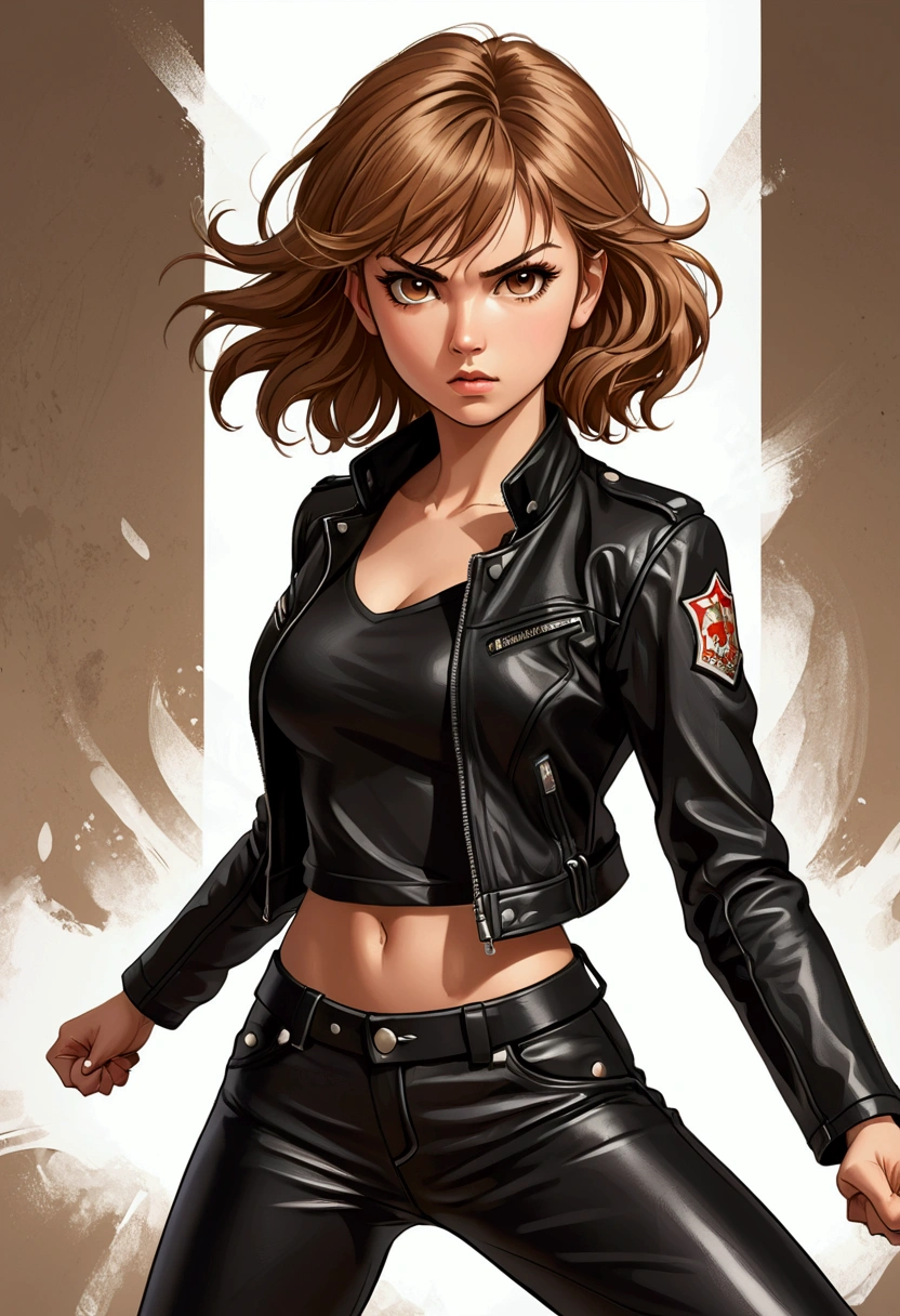 Beautiful young(Becca) Sarah Kay style girl with semi-short light brown hair, delicate British features, brown eyes, dressed in black leather pants and a black shirt and a black leather jacket, in a fighting stance, illustration, realistic, anime, photography, poster, fashion, portrait photography