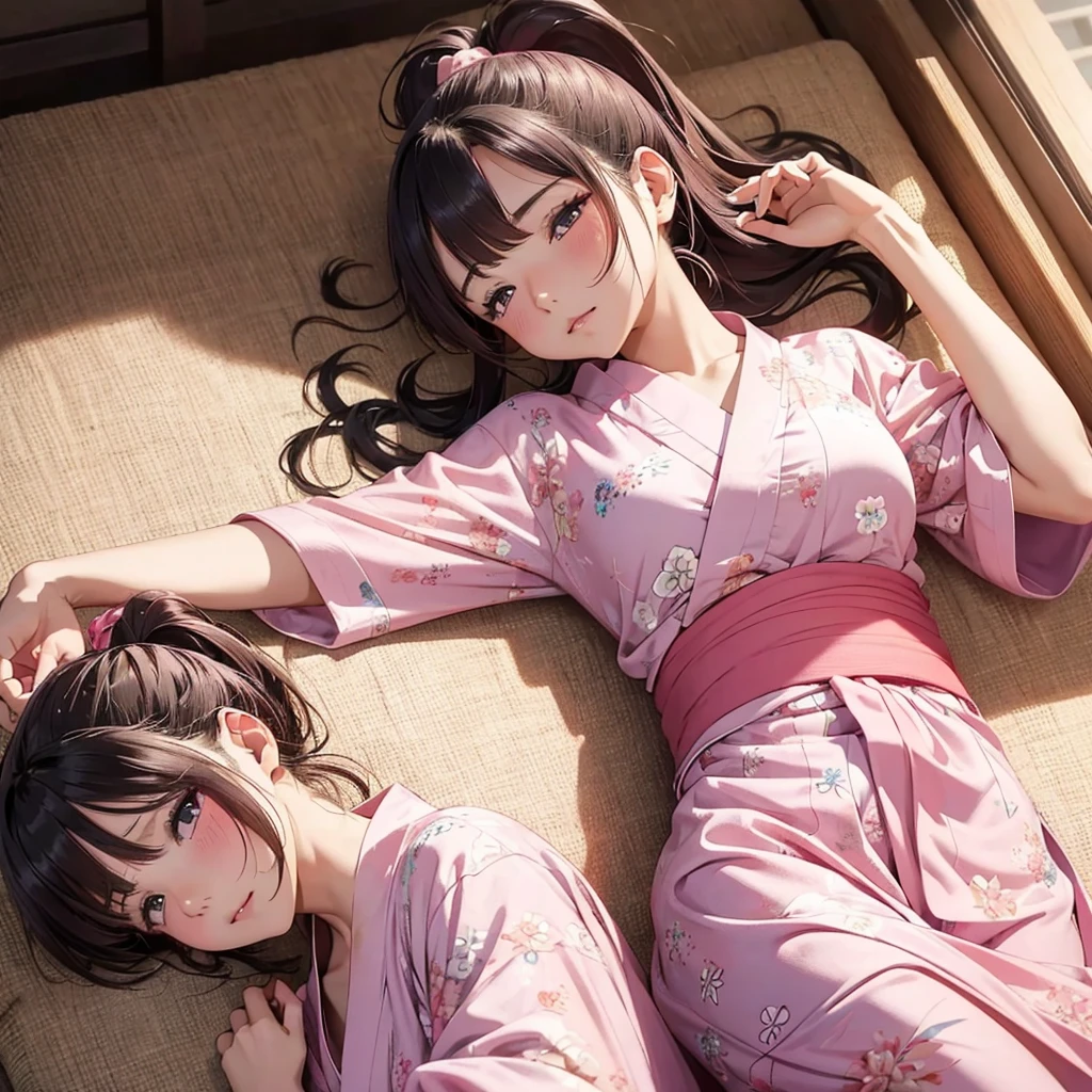 high resolution,high quality,Beautiful woman,２０age,ponytail, , Light pink yukata,Waking up,Sleepy eyes,Lying on your back,The yukata is open,whole body,Girl&#39;s Room,Edo Period