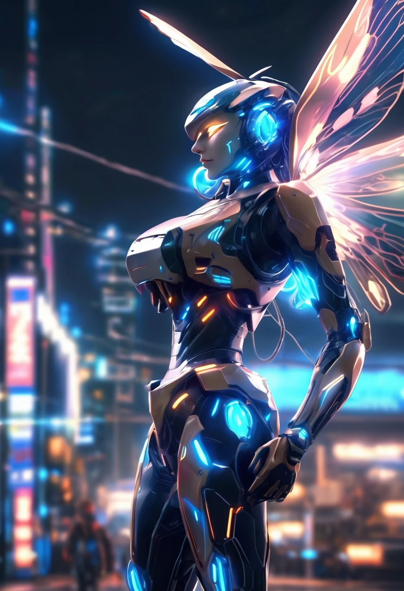 Create anime Mecha illustrations with 8k quality images, super high color intensity, 4D model of reality, very real from the subject of a 25 year old woman. With the following physical characteristics: long flowing blue hair, futuristic mechanical body, tall body posture, slim, use a futuristic background of a city full of colorful lights, walking pose with waving hands, give a light butterfly effect around the woman, give an aesthetic light effect, dramatic, Dark. Take a focus shot from the side, top corner.
