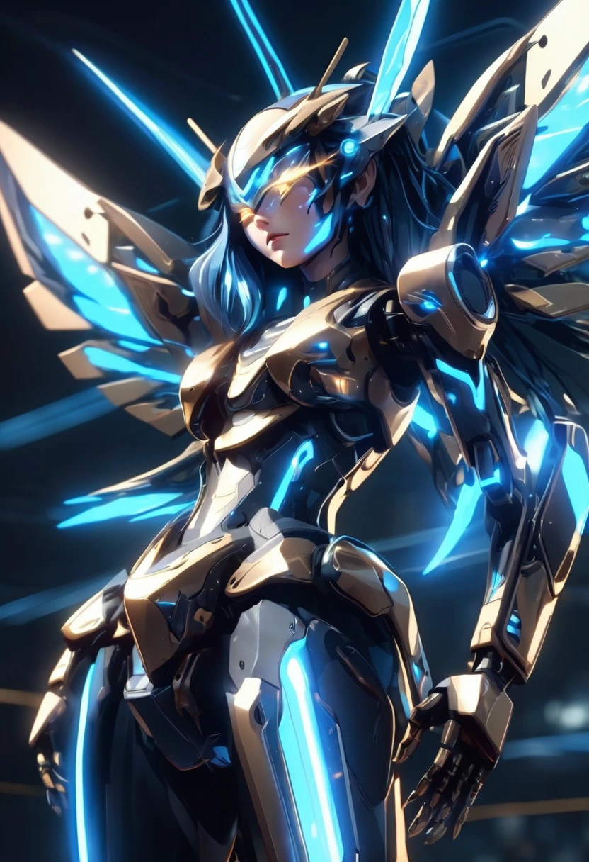 Create anime Mecha illustrations with 8k quality images, super high color intensity, 4D model of reality, very real from the subject of a 25 year old woman. With the following physical characteristics: long flowing blue hair, futuristic mechanical body, tall body posture, slim, use a futuristic background of a city full of colorful lights, walking pose with waving hands, give a light butterfly effect around the woman, give an aesthetic light effect, dramatic, Dark. Take a focus shot from the side, top corner.