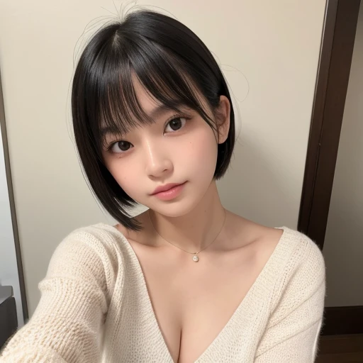 20-year-old women、Japanese、Beauty、The eyes are double、one piece、White Background、Beautiful Skin、Glossy Lips、Black short hair、Selfie