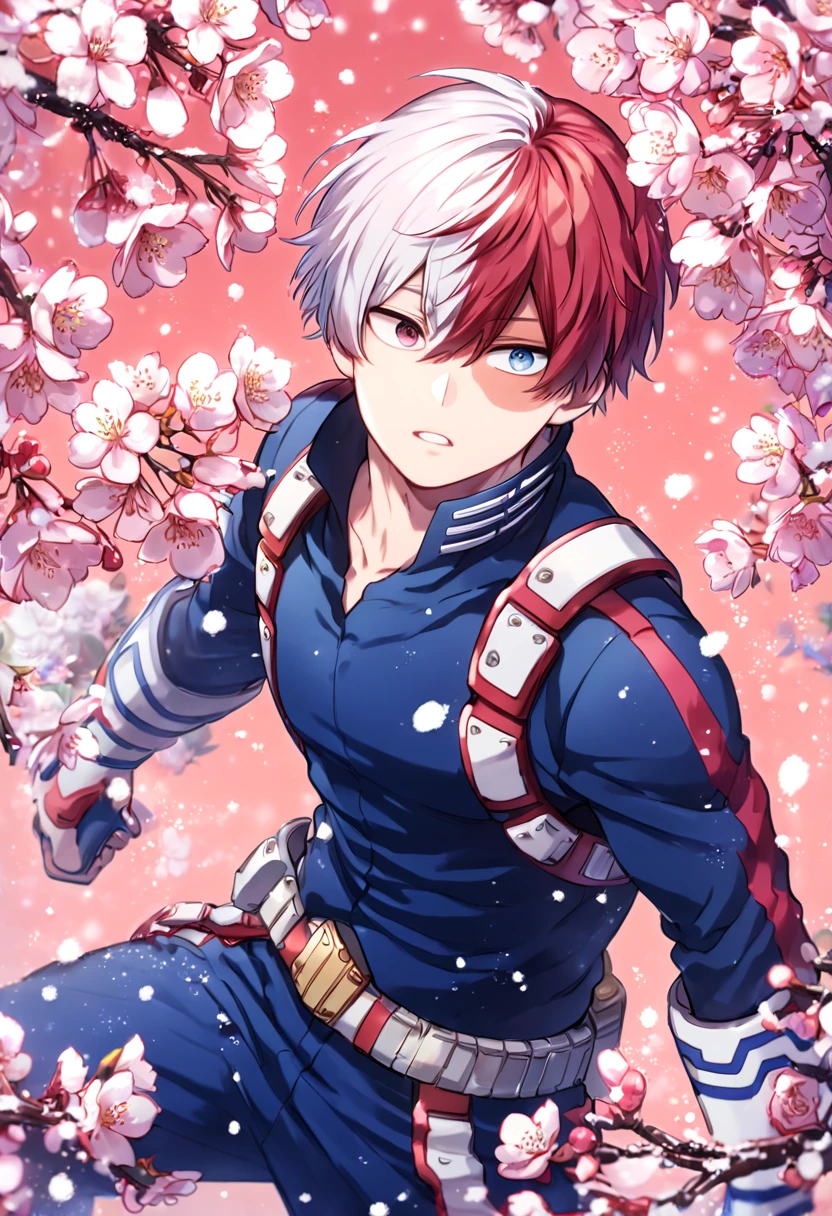 Ultra detailed, HDR, Highres, absurdres, master piece, Todoroki Shouto, bicolor hair, red right side of hair, white left side of hair, heterochromia, expressive right blue eye, gray left eye, blue hero clothes with white patterns, blue pants, Boku No Hero Academia, sexy man, handsome, cherry, flowers, blossoms, fantasy, magical, pink leaves, snowing, handsome, sensual, best quality, glittering, solo,