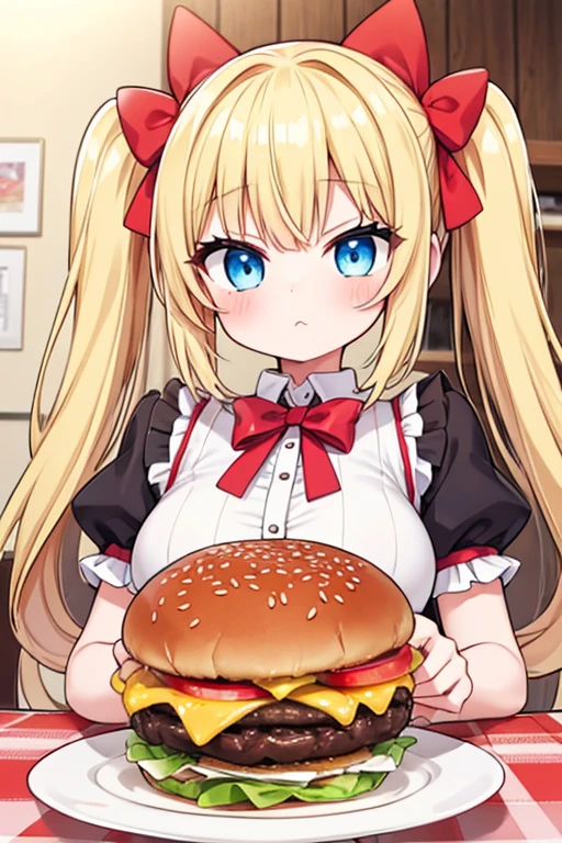 Eat a huge burger,Hamburger and fries set,Cola,Highest quality,Blonde with blue eyes、ta、Small breasts、Twin tails、girl'enjoy,smile,bonnet,Pleased as punch grin,