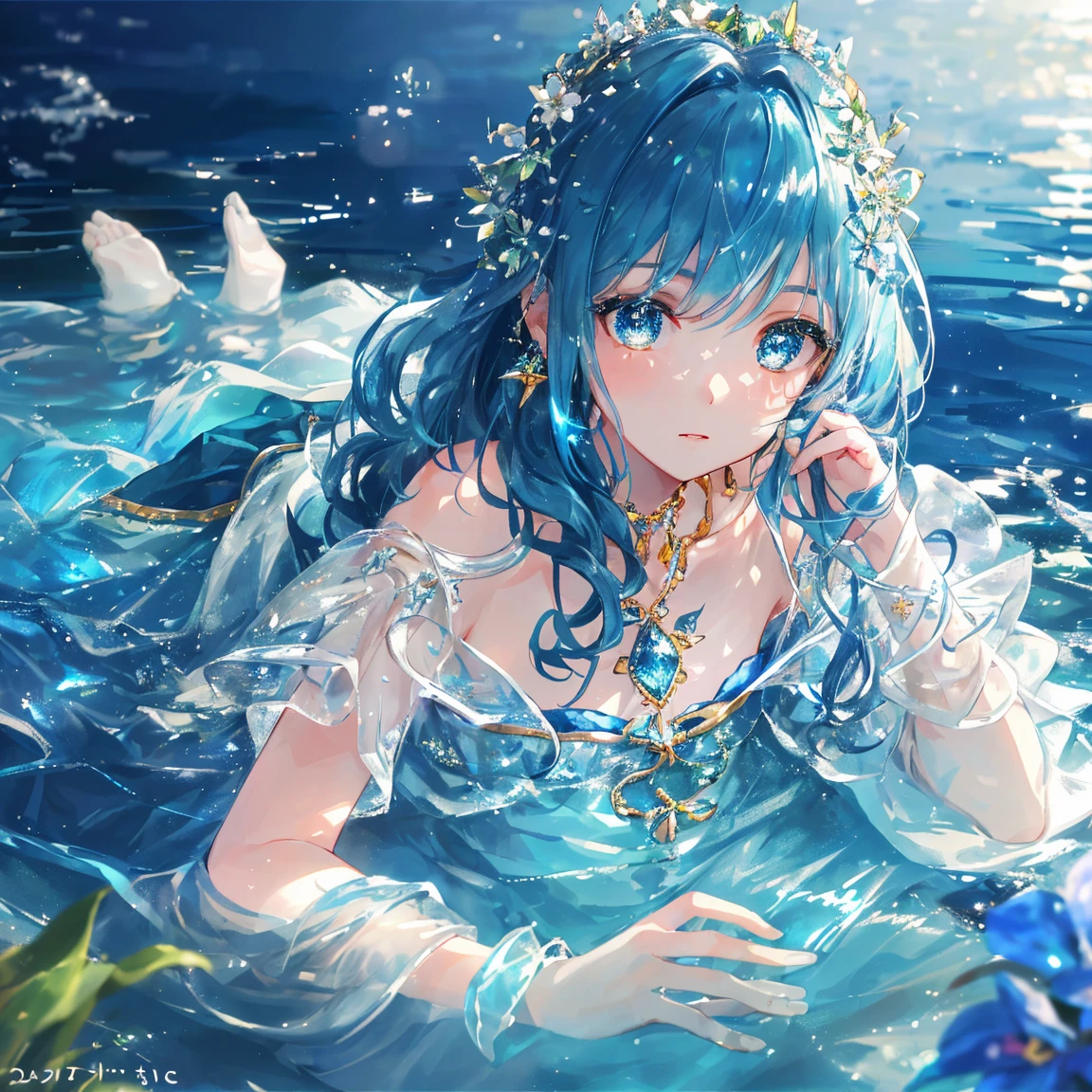 1 girl masterpiece, highest quality, shape, kyanite eyes and hair, kyanite earrings, kyanite necklace, sea, water fairy, cute, (dynamic lighting:1.2), cinematic lighting, delicate features, fine eyes, sharp pupils, realistic student, written boundary depth, Bokeh, sharp focus, (very detailed, bloom, shine:1.4), lots of little gems
