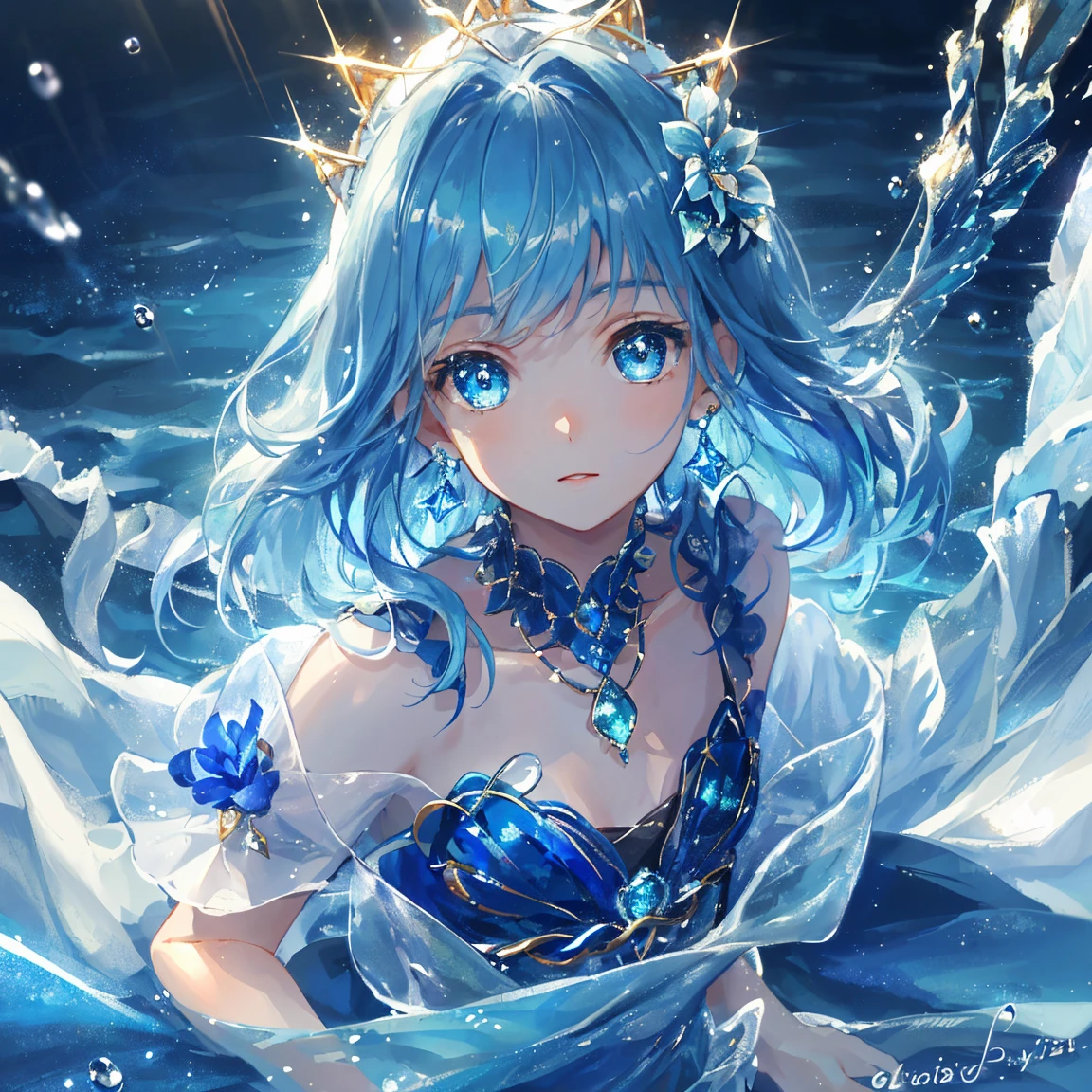 1 girl masterpiece, highest quality, shape, kyanite eyes and hair, kyanite earrings, kyanite necklace, sea, water fairy, cute, (dynamic lighting:1.2), cinematic lighting, delicate features, fine eyes, sharp pupils, realistic student, written boundary depth, Bokeh, sharp focus, (very detailed, bloom, shine:1.4), lots of little gems