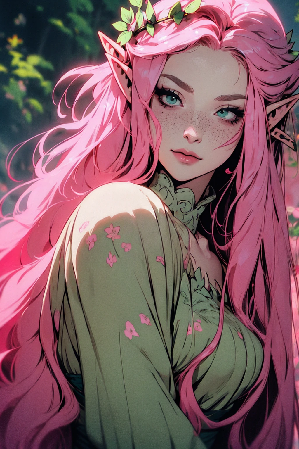 hyper-realistic of a mysterious woman with flowing pink hair, ears of elf, freckles, piercing green eyes, and a delicate floral crown, delicate smile, upper body, dinamic poses, backwards, looking back