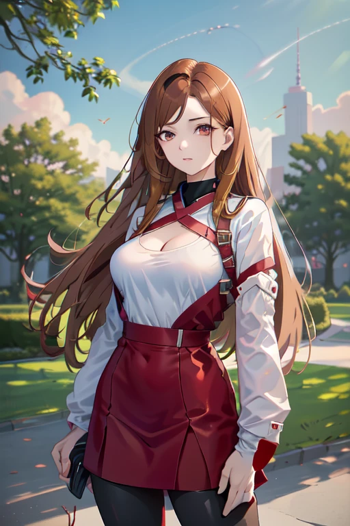 1 adult woman, 29 years old, straight hair, brown hair, red eyes,Looking at the viewer, astronaut uniform, standing in the park, big breasts,half body photo