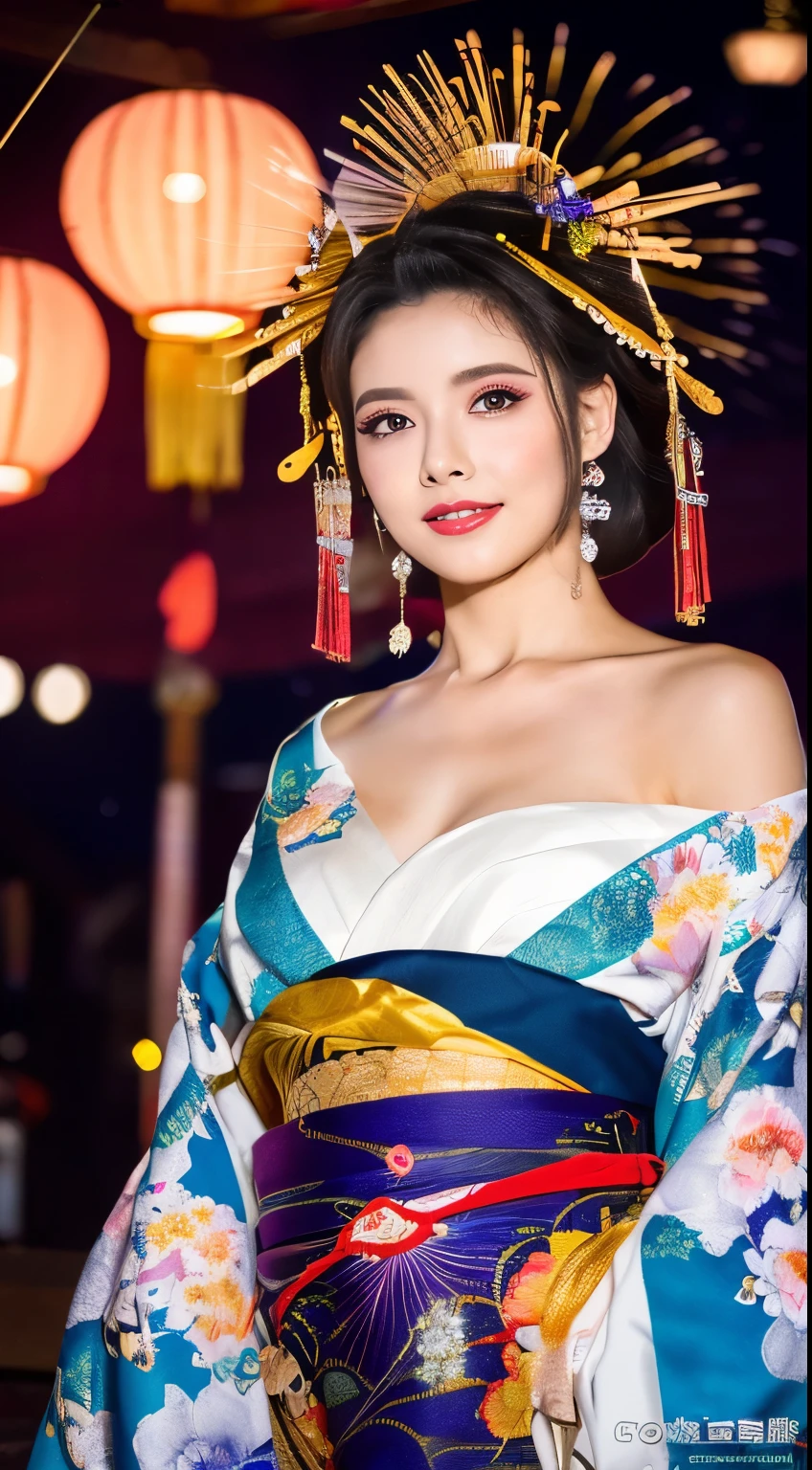 ((masterpiece(:1.4),Highest quality,Ultra-high resolution,Highest quality,8k,Extremely detailed,In detail))。whole body,night,Fireworks display,Japanese,A beautiful woman,Big Breasts,sexy,glamorous,Oiran,Oiranメイク,Long-sleeved kimono,Hair tying,hairpin,hair ornaments,geta,Emphasize the chest,Move the dress up to the shoulders,Shoulder,Gorgeous and luxurious,(Fireworks displayのnightに河川敷で花火を背景にしたスナップ写真),
