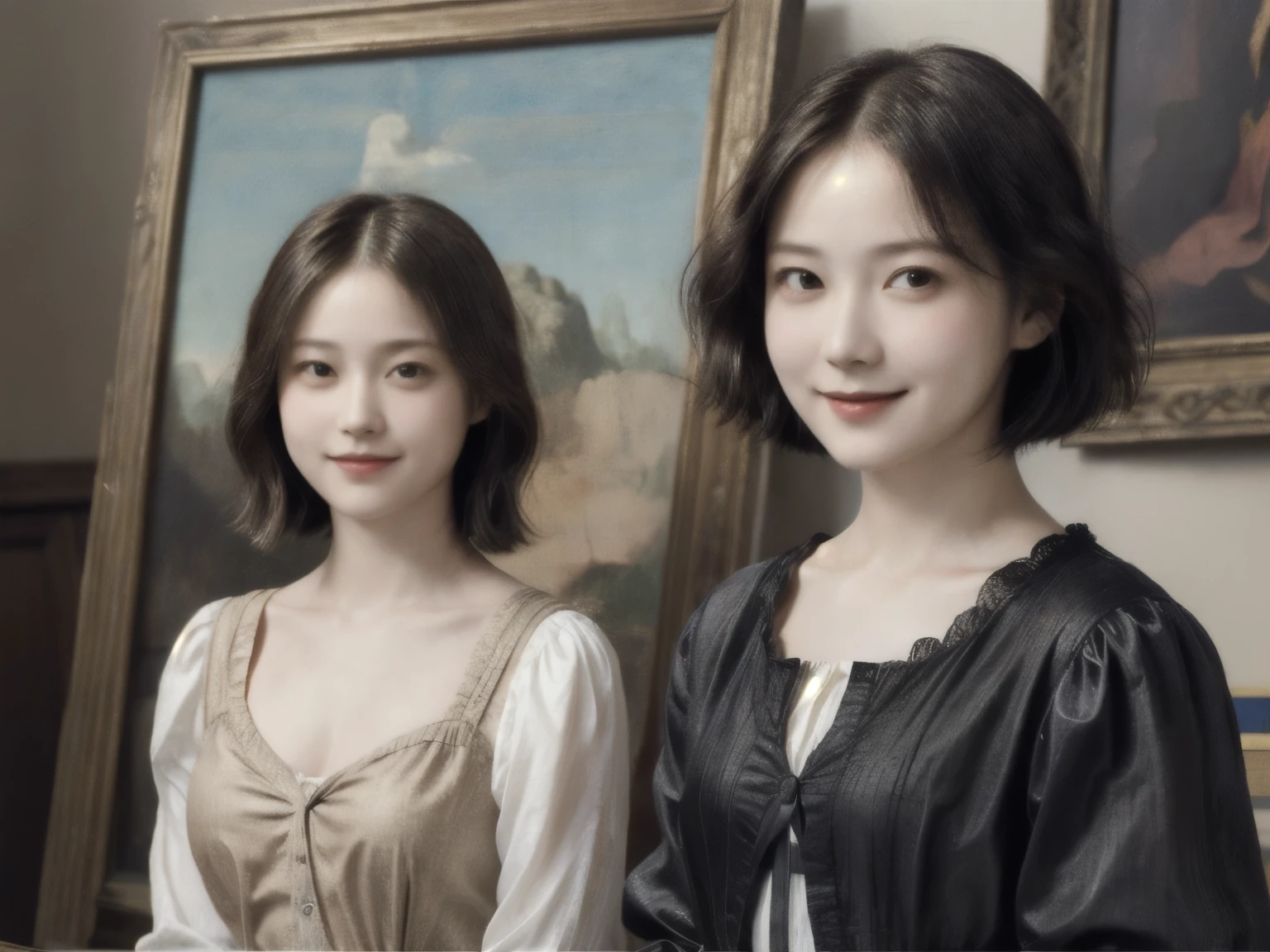 262 20-year-old female,(Short Hair 46),(Genuine,chest:1.5),Old-fashioned smile,(Paintings by Leonardo da Vinci),flower