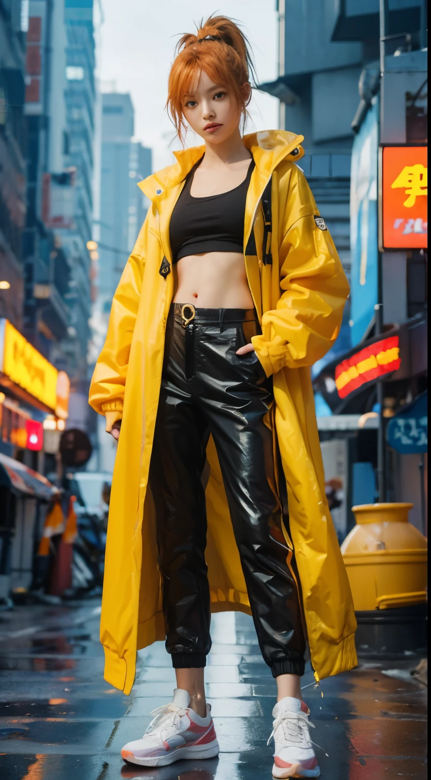 Nami, one piece, orange hair, ponytail, yellow jacket, sneaker shoes, modern city background, cyberpunk light effect, detailed face, detailed hair, detailed eyes, detailed hand, ultra realistic, ultra detailed, best quality, masterpiece.