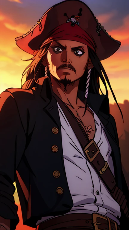 (jack sparrow), (extremely detailed CG unit 8k wallpaper),(master part), (best quality), (ultra detail), (best illustration),(wanostyle), cowboy shot, (Sharp eyeliner, ombre, detailed eyes:1),
pirates_of_the_caribbean background, break , upper body