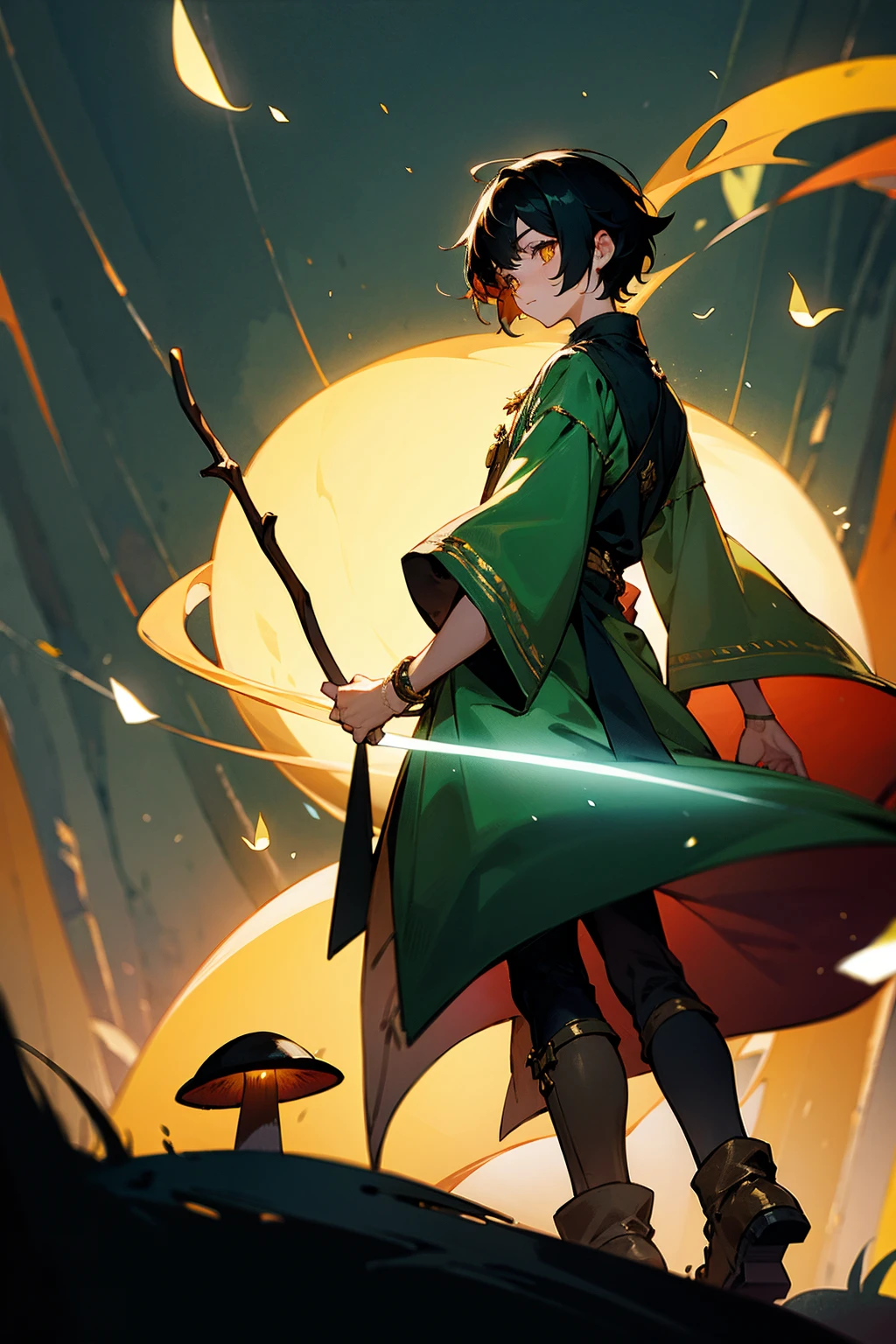 1male, short black hair, gold eyes, wearing a dark green tunic with gold embroidery, leather boots, standing on a forest path, glowing mushrooms and fireflies, twilight, holding a wooden staff with a crystal, masterpiece, 8k.