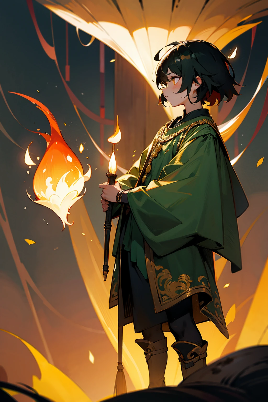 1male, short black hair, gold eyes, wearing a dark green tunic with gold embroidery, leather boots, standing on a forest path, glowing mushrooms and fireflies, twilight, holding a wooden staff with a crystal, masterpiece, 8k.