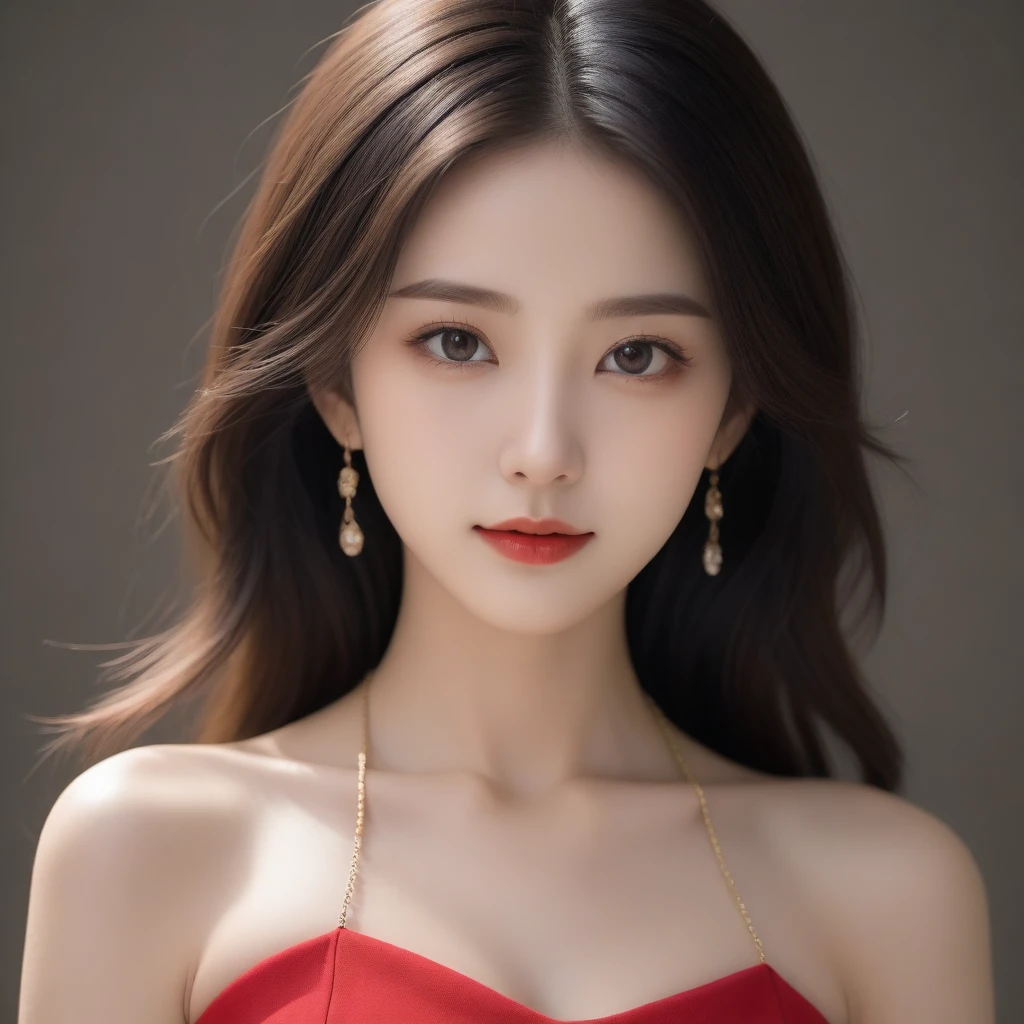 8K, Ultra-high resolution, best quality, masterpiece, Rule of thirds photoy,Surrealism, photo, 1 girl, (16 years old:1.3), pretty girl, Cute face, Beautiful eyes in every detail, 細かくdetailedに,masterpiece,, A girl:1.2, Japanese female announcer,A woman in a red dress and gold jewelry is looking aside,Sexy pose,Thin lips ,A bold gesture,Looking at the audience、beauty,Long Neck、Smile、Please close your mouth and smile、(((Ideal body shape))),A cup small breasts :2,whole body、Perfect anatomical structure、鮮明なdetailed、detailed、Surrealism、Light and Shadow,glare