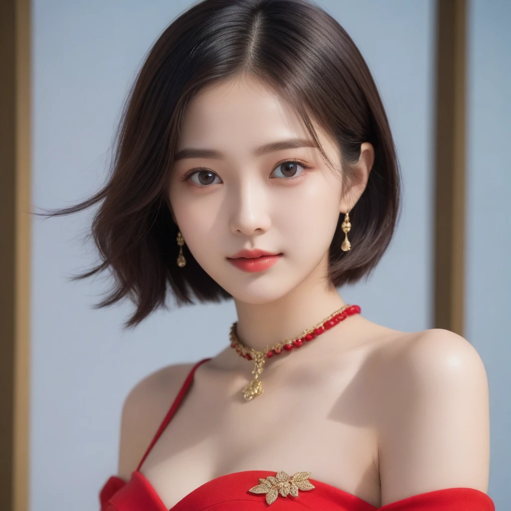 8K, Ultra-high resolution, best quality, masterpiece, Rule of thirds photoy,Surrealism, photo, 1 girl, (16 years old:1.3), pretty girl, Cute face, Beautiful eyes in every detail, 細かくdetailedに,masterpiece,, A girl:1.2, Japanese female announcer,A woman in a red dress and gold jewelry is looking aside,Sexy pose,Thin lips ,A bold gesture,Looking at the audience、beauty,Long Neck、Smile、Please close your mouth and smile、(((Ideal body shape))),A cup small breasts :2,whole body、Perfect anatomical structure、鮮明なdetailed、detailed、Surrealism、Light and Shadow,glare