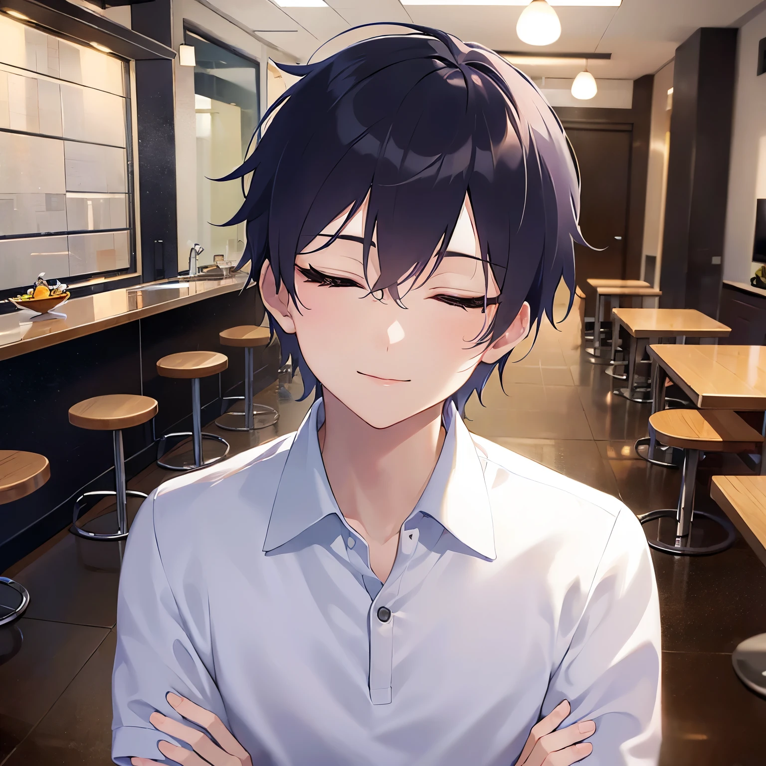 (looking away:1.5)shiny skin,masterpiece,Highest quality,(27-year-old male:1.5),BREAK(Black short hair) and (Purple eyes)BREAK,(White polo shirt:1.5),(eyes closed:1.5),(smile),crossed arms,The background is the interior of a cafe,(Alone:1.