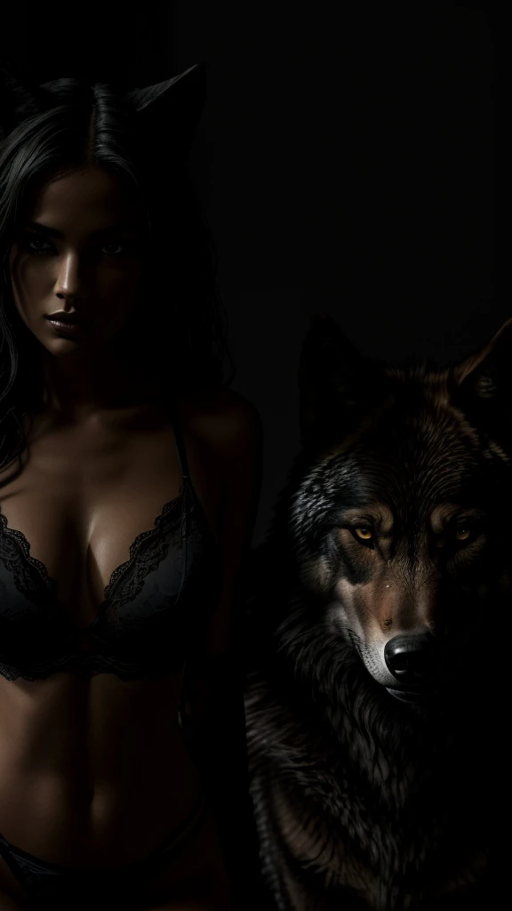 a sexy girl in black lingerie next to a wolf in the shadows, detailed face, high quality, photorealistic, dramatic lighting, cinematic composition, intricate details, dark and moody atmosphere, grey and black color palette, hyper realistic, 8k, masterpiece