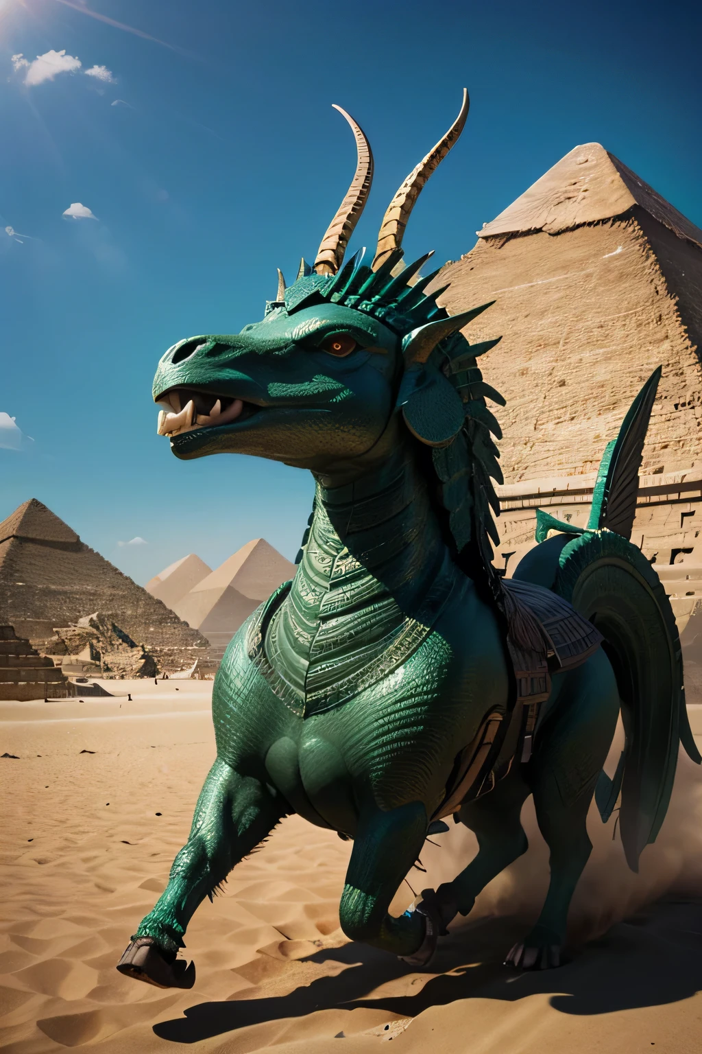 spartans riding huge quetzalcoatl over egypt pyramids in hell, realistic, epic