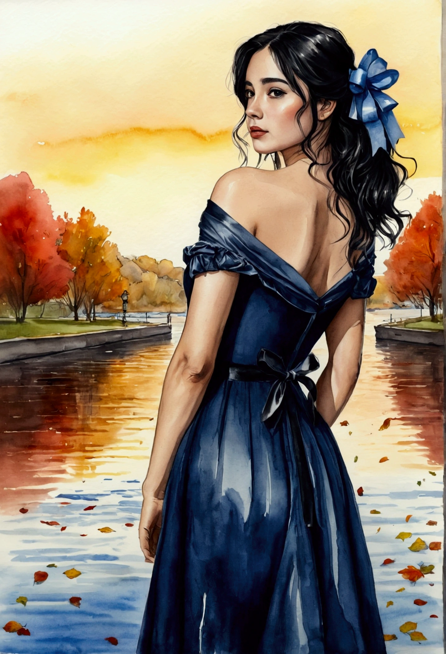 realisitic, best qualityer, (work of art: 1.2), absurdrez, (1 girl, standing alone), water colour, a beautiful woman, in elegant dress,black hair with oil, shoulder, hair ribbons, retrato de meio corpo, extremely bright and shiny design, ( inking: 1.3), autumn lights, looking ahead at viewer, big fit ass ,