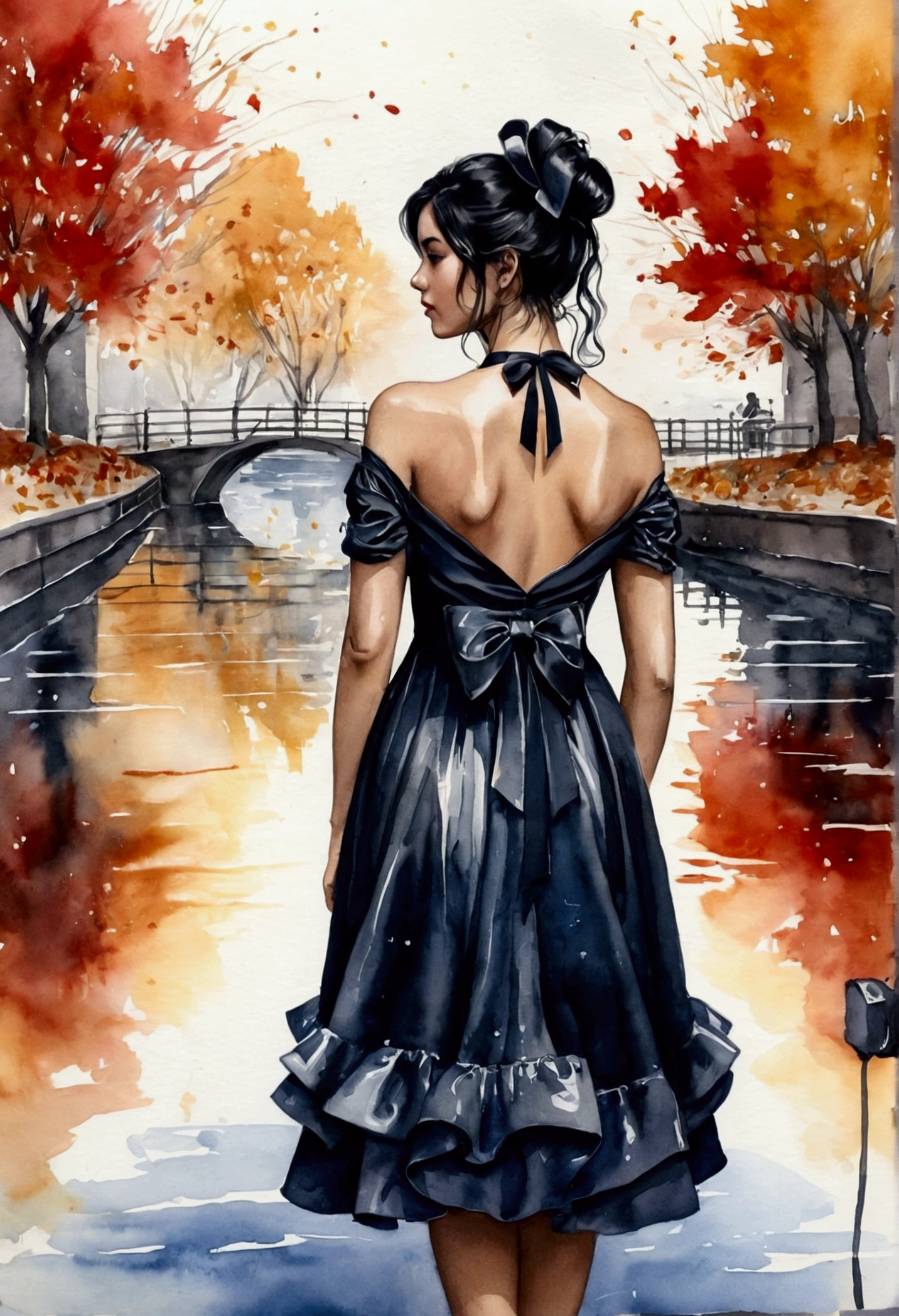 realisitic, best qualityer, (work of art: 1.2), absurdrez, (1 girl, standing alone), water colour, a beautiful woman, in elegant dress,black hair with oil, shoulder, hair ribbons, retrato de meio corpo, extremely bright and shiny design, ( inking: 1.3), autumn lights, looking ahead at viewer, big fit ass ,