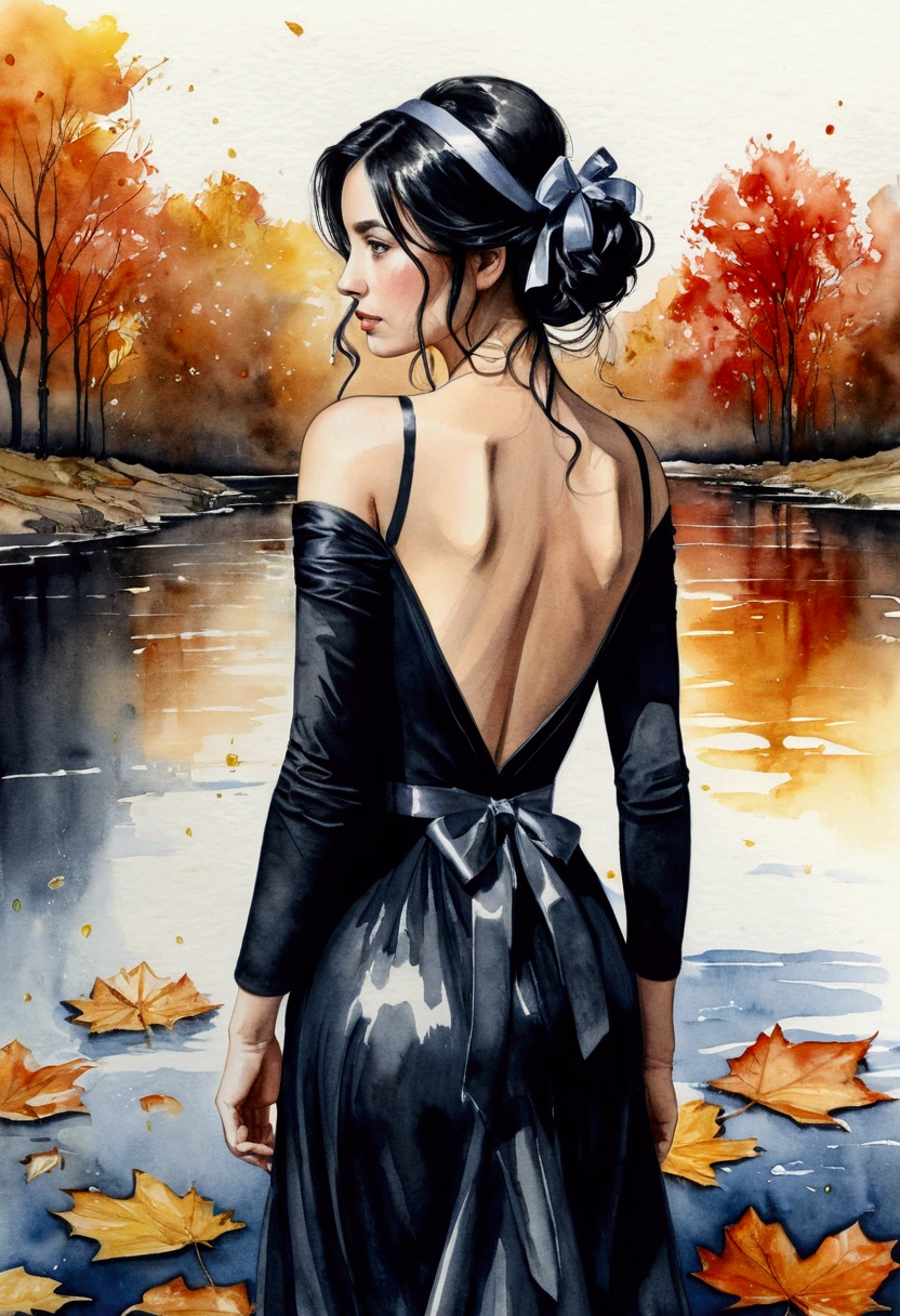 realisitic, best qualityer, (work of art: 1.2), absurdrez, (1 girl, standing alone), water colour, a beautiful woman, in elegant dress,black hair with oil, shoulder, hair ribbons, retrato de meio corpo, extremely bright and shiny design, ( inking: 1.3), autumn lights, looking ahead at viewer, big fit ass ,