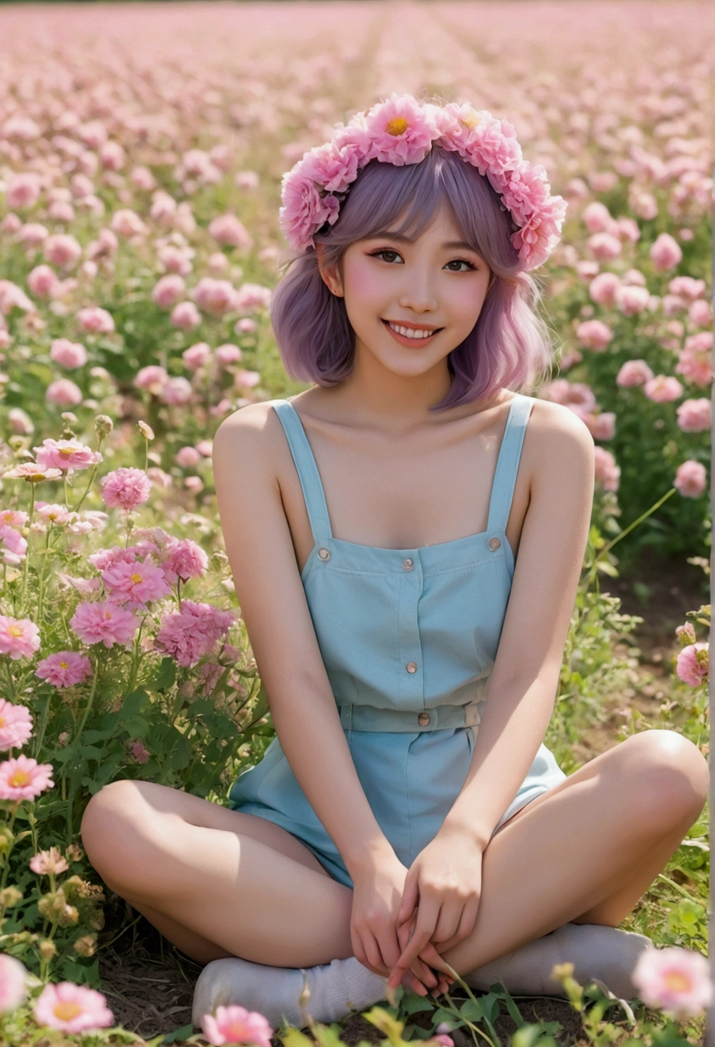 Anime girl in 80s anime style sitting in a field of flowers and looking at the camera, make it very sexy and smiling. pastel color without clothes and with a big penis in her mouth