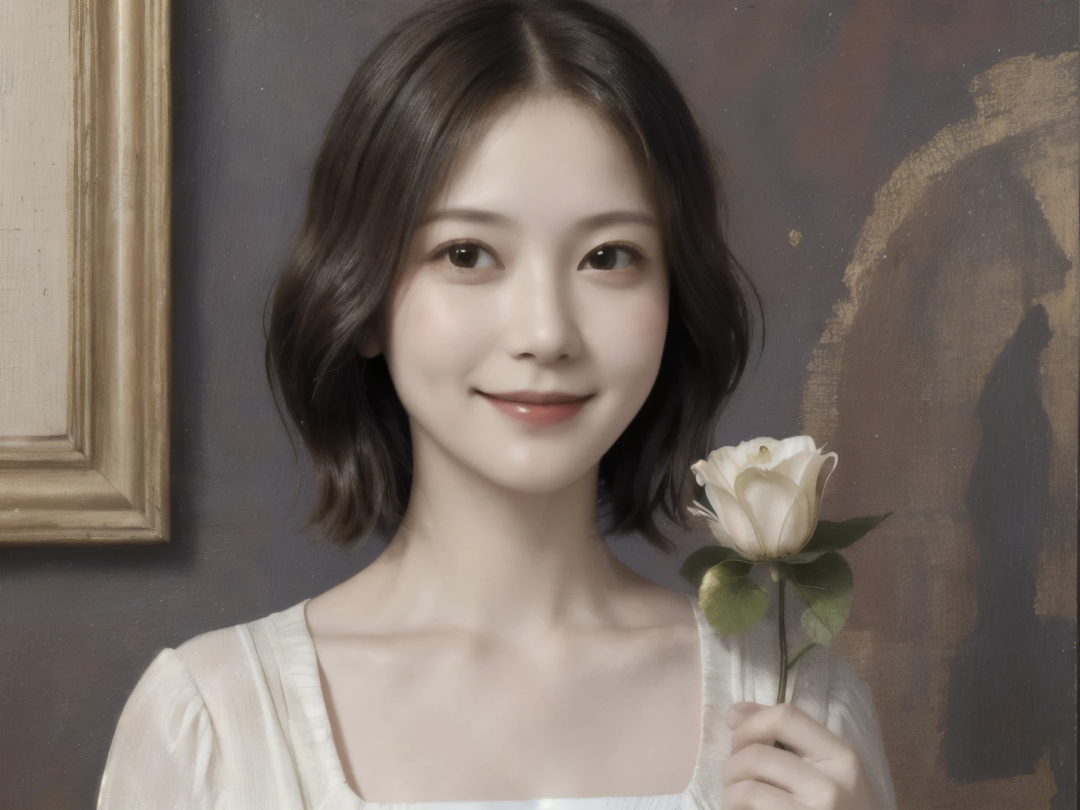 262 20-year-old female,(Short Hair 46),(Genuine,chest:1.5),Old-fashioned smile,(Paintings by Leonardo da Vinci),flower