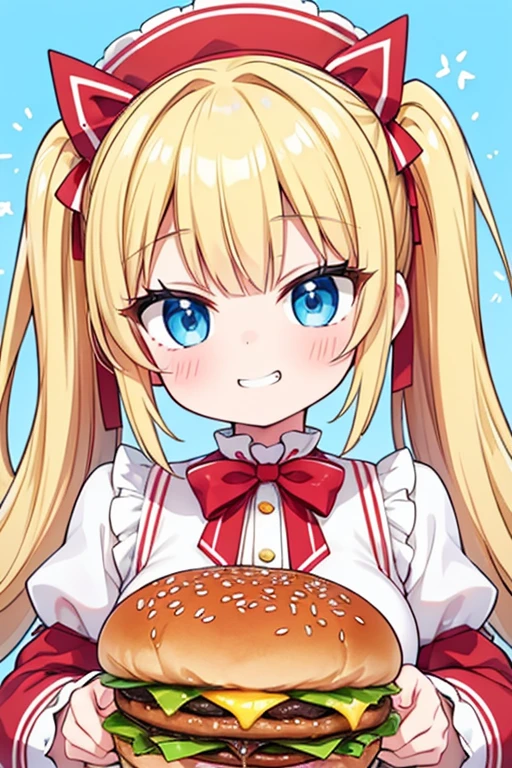 Pleased as punch grin,Face like a on Christmas morning,Eat a huge burger,Hamburger and fries set,Cola,Highest quality,Blonde with blue eyes、Lolita、Small breasts、Twin tails、girl'enjoy,smile,bonnet,