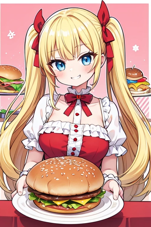 Pleased as punch grin,Face like a on Christmas morning,Eat a huge burger,Hamburger and fries set,Cola,Highest quality,Blonde with blue eyes、Lolita、Small breasts、Twin tails、girl'enjoy,smile,bonnet,