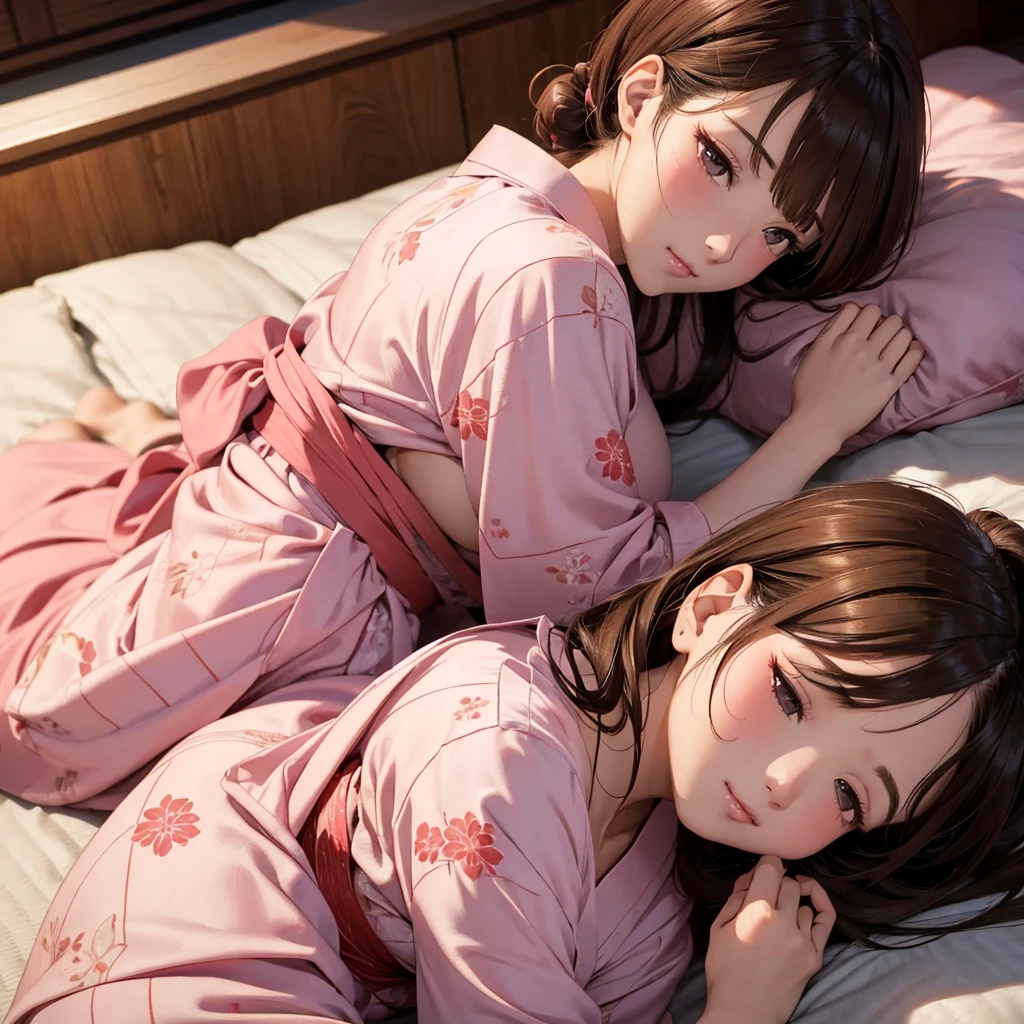 high resolution,high quality,Beautiful woman,20age,Brown hair ponytail, , Light pink yukata,Waking up,Sleepy eyes,Big Breasts,Beautiful Style,Lying on your back,The yukata is open,whole body,1 girl,Girl's Room,Edo Period