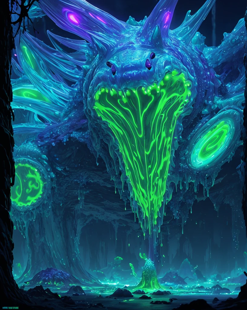 a slime creature, gelatinous,slimy,glowing,neon colors,bioluminescent,translucent,shapeshifting,oozing,undulating,surreal,abstract,fantasy,otherworldly,cinematic lighting,8k,highres,detailed,cinematic,concept art
